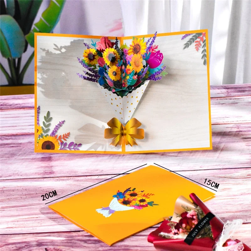10 Pack Pop-Up Mothers Day Card, 3D Flora Bouquet Greeting Cards, Sunflower Pop Up Birthday Card for Mom Wife