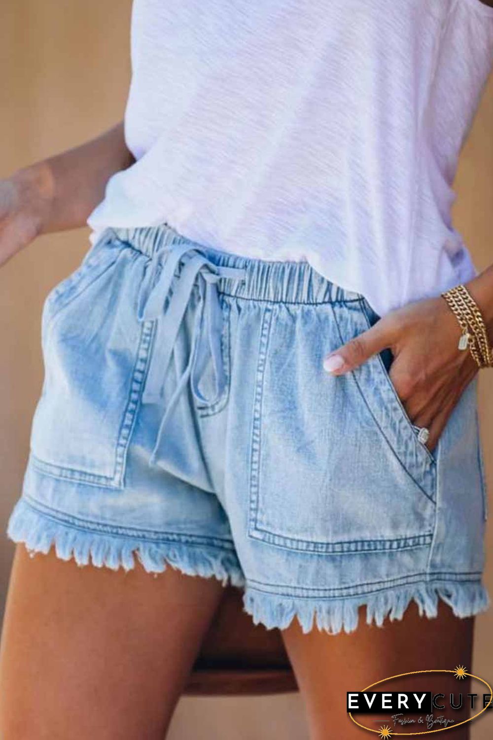 Lace-up Fringed Thin Denim Shorts