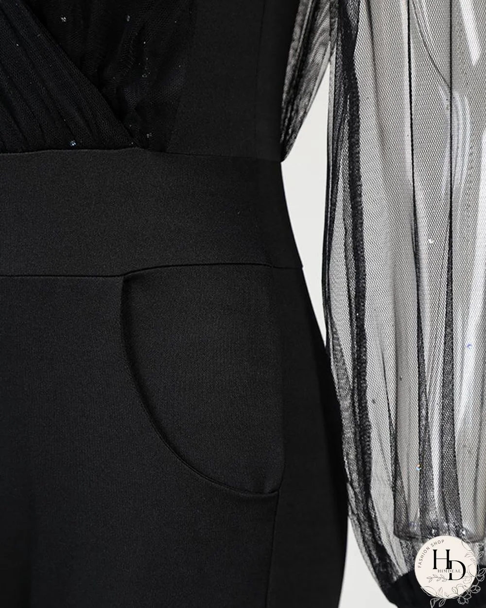Sheer Mesh Glitter Pocket Design Jumpsuit P14716
