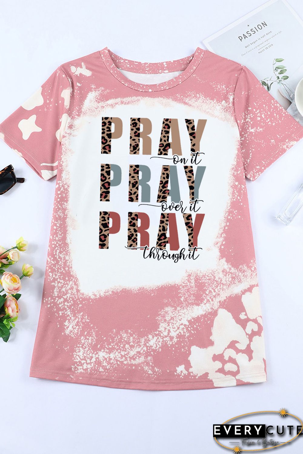 Pink PRAY Leopard Tie Dye Short Sleeve Graphic Tee