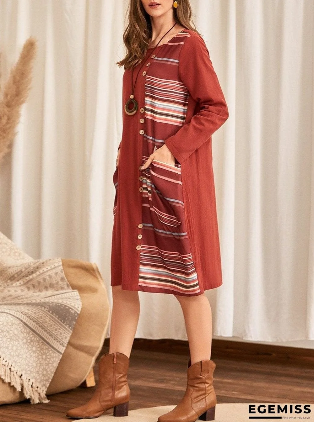 Color Striped Print Stitching Woven Casual Loose Round Neck Dress | EGEMISS