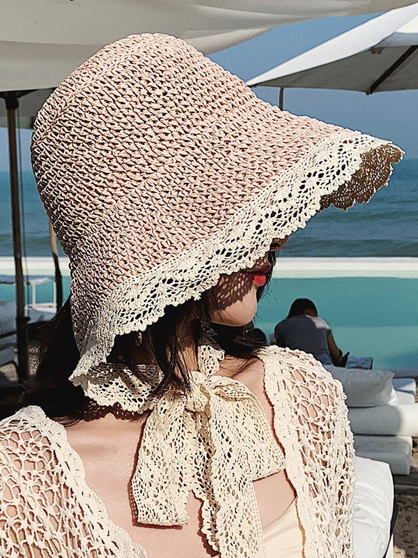 Sunscreen Solid Color Split-Joint Lace Straw Woven Breathable Beach Hat