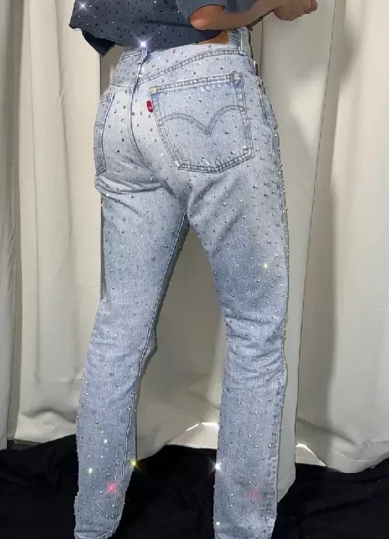Aonga Baggy Jeans Women High Waist Slim Y2K Pants Gothic Pocket Sequins Rhinestone Retro Blue Jeans Fashion Straight Denim Trousers aonga