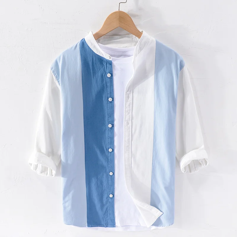 Men's Striped Stand Collar Three-quarter Sleeve Shirt