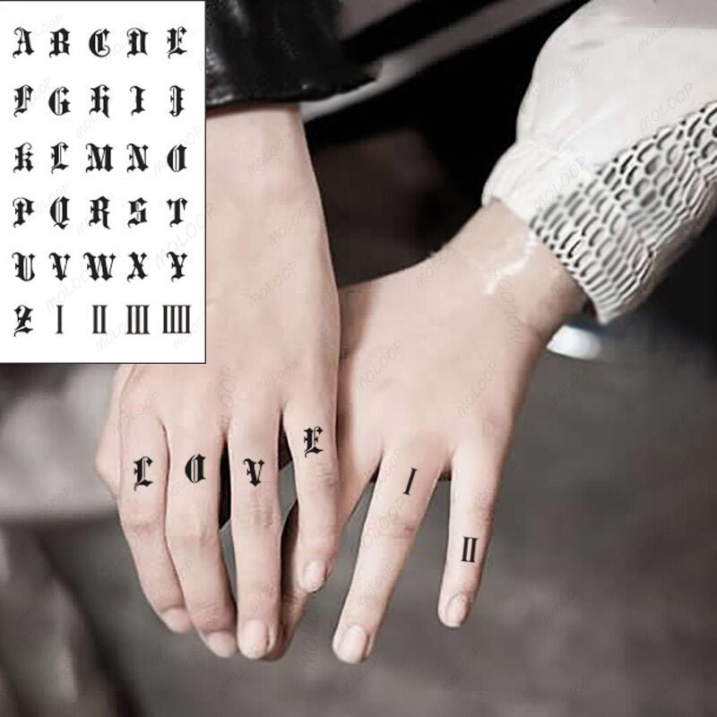 Tattoo Sticker English Alphabet Letter Roman Numerals Waterproof Temporary Body Art Fake Flash Tattoo for Man Woman Kids