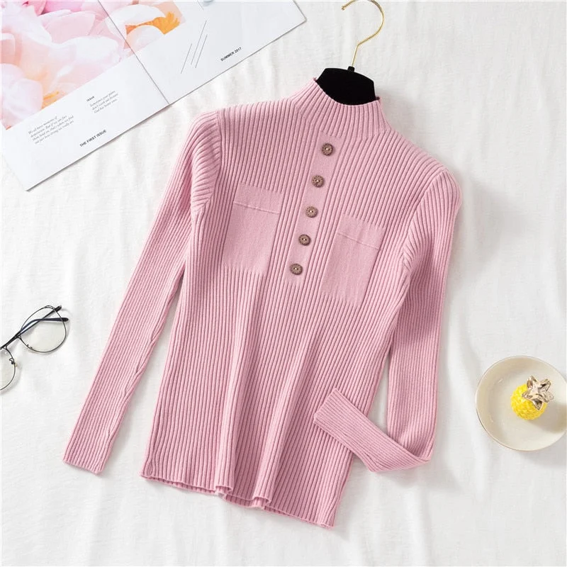 Zoki Pullover Women Sweater Autumn Knitted Button Long Sleeve Half Turtleneck Female Jumper Elastic Korean Fashion Blouse Top