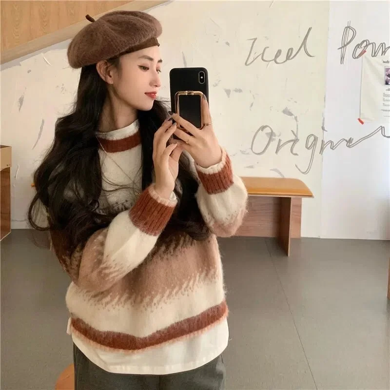 Huibahe 2023 Winter Korea Style Gradient O Neck Women Sweater Casual Loose Long Sleeve Warm Ladies Knit Pullover Female Clothing