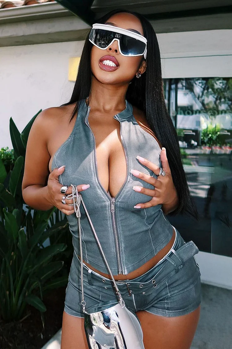 Halter Zip-Up Sleeveless Top Buckle Bodycon Shorts 2pcs Set-Gray [Pre Order]