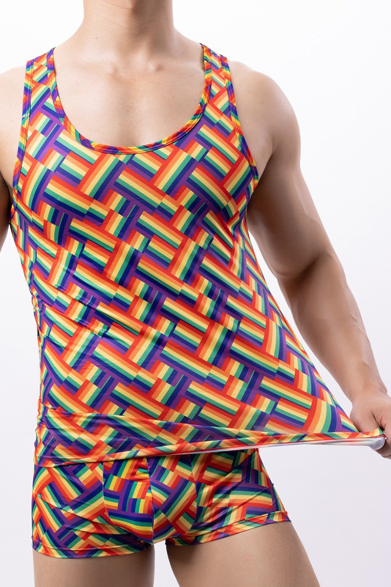 Men's Rainbow Geometric Print Tank Top Boxers Two Piece Set