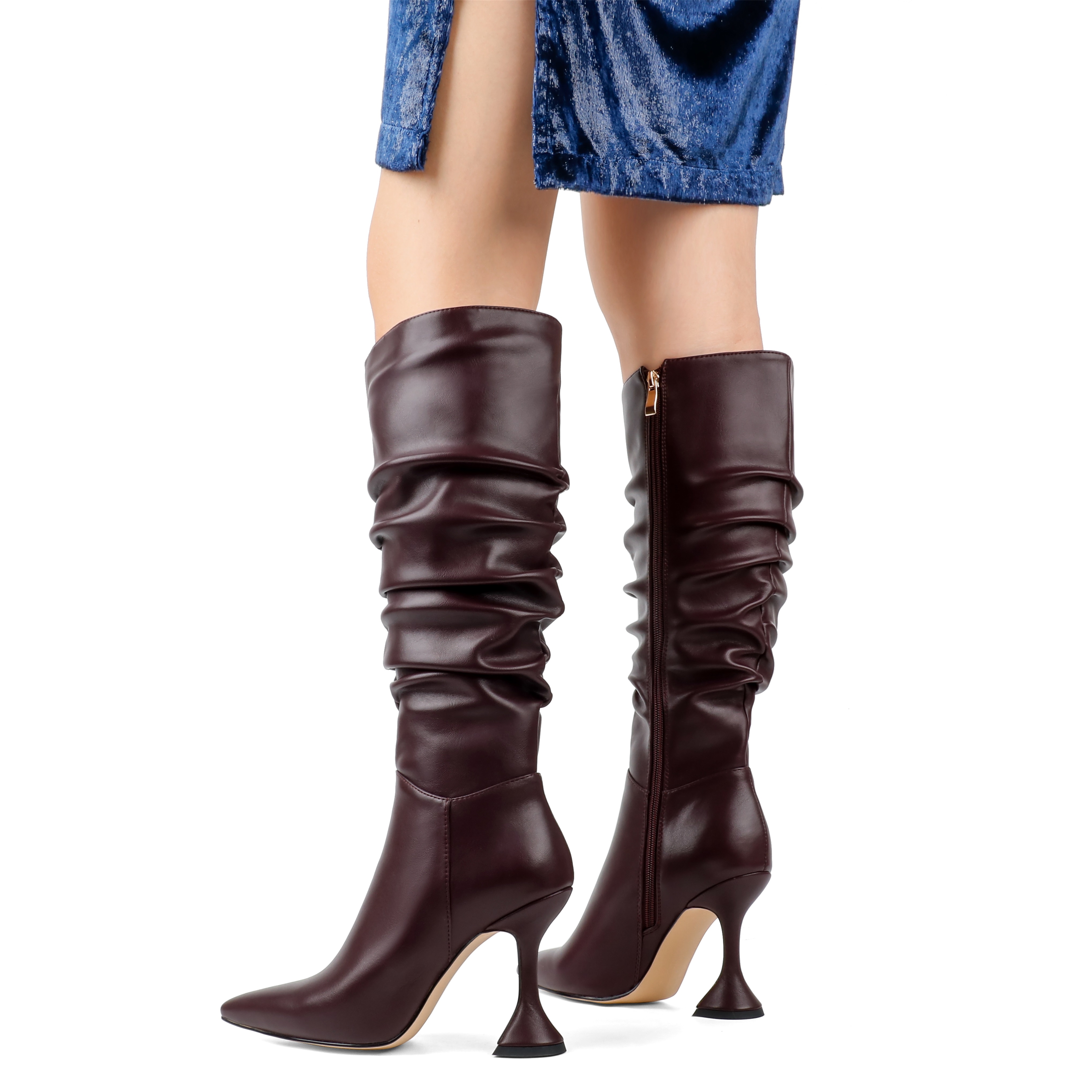100mm Women Zipper Wrinkled Slouchy Boots Triangle Heels-vocosishoes