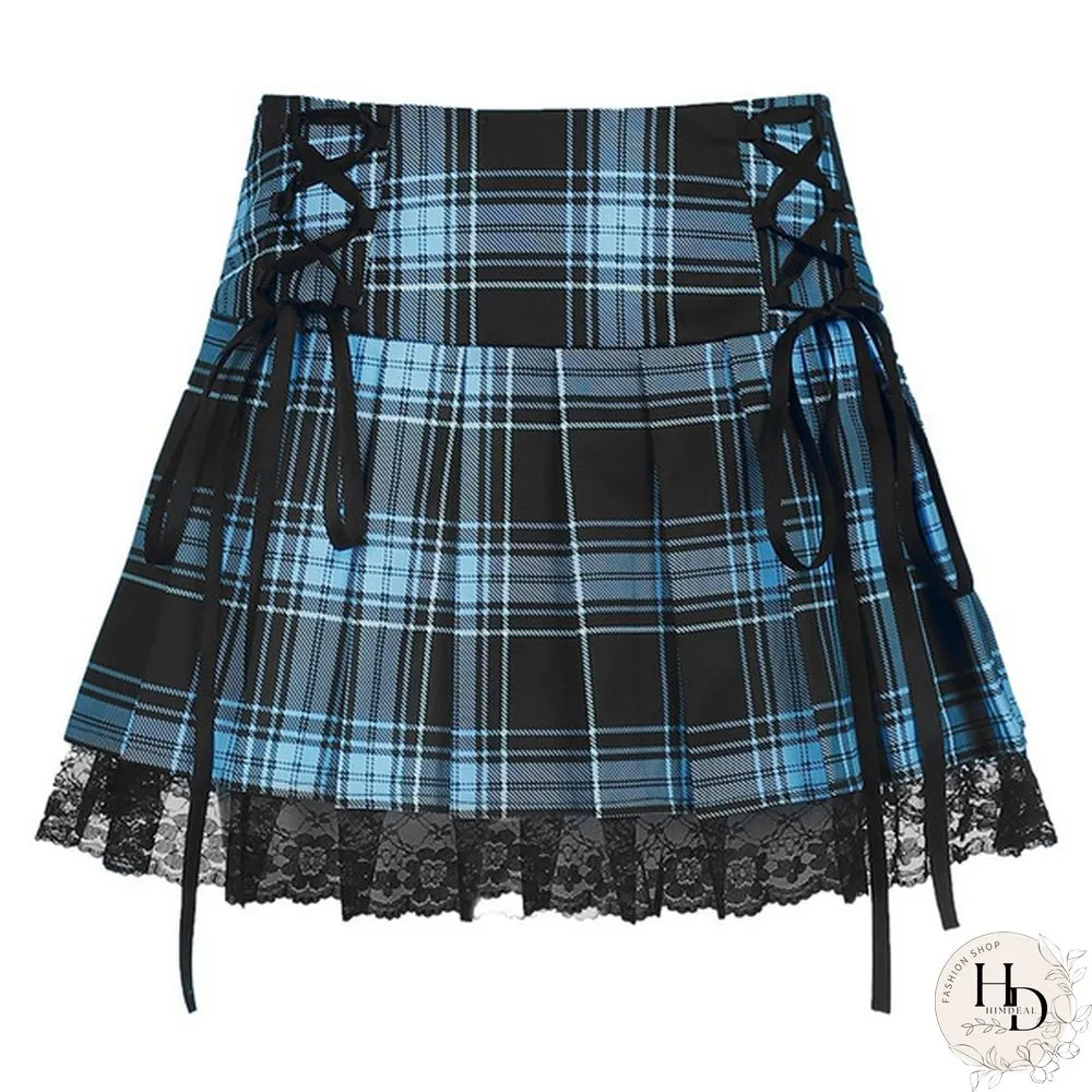 Summer New Lace Gothic Woman Skirts Pink Stripe Plaid Trim Pleated Skirt Punk Dark
