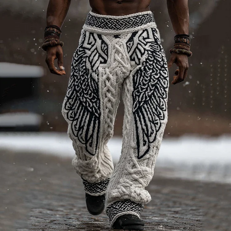 Men's Viking Celtic Knot With Wings Art Knitted Jacquard Thermal Pants