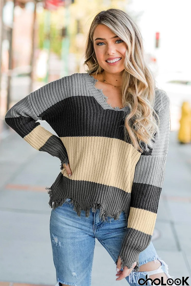 Gray Colorblock Distressed Sweater