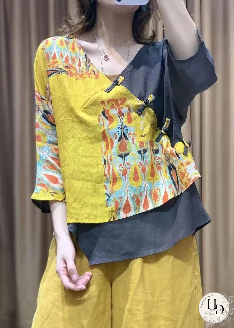 Yellow Print Patchwork Cotton Blouses Asymmetric V Neck Bracelet Sleeved