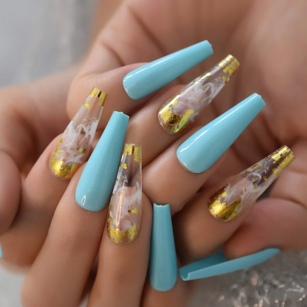 Metallic Coffin Nail Tips False Nails Long Ballerina Gold Mirror Fake Nails Press On Full Set For Fingernail Decorations-Nail Inspo