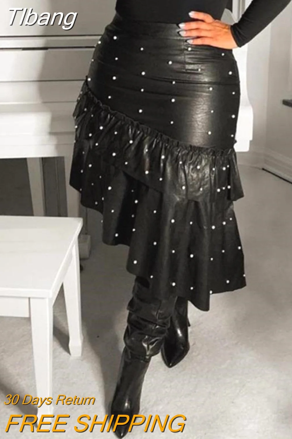Tlbang Skirt of Women Fashion 2023 Beaded Decor Ruffle Hem Asymmetrical PU Leather Skirt & PU Leather Sweet Skirts Skinny