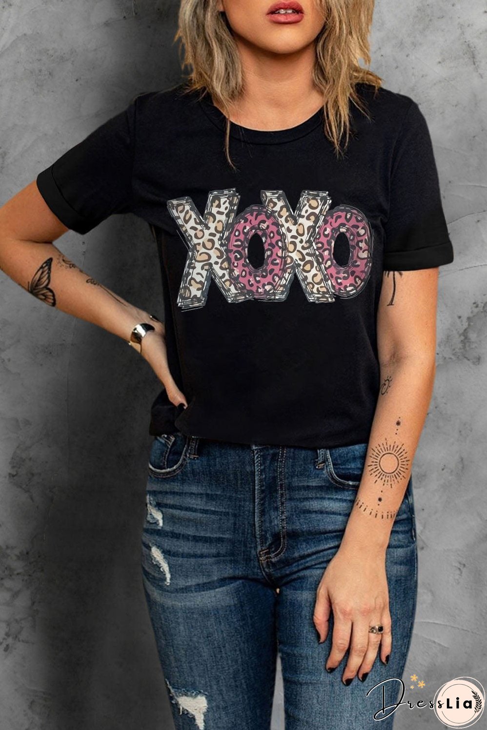 Black and Leopard Print XOXO T-Shirt, Casual Wear