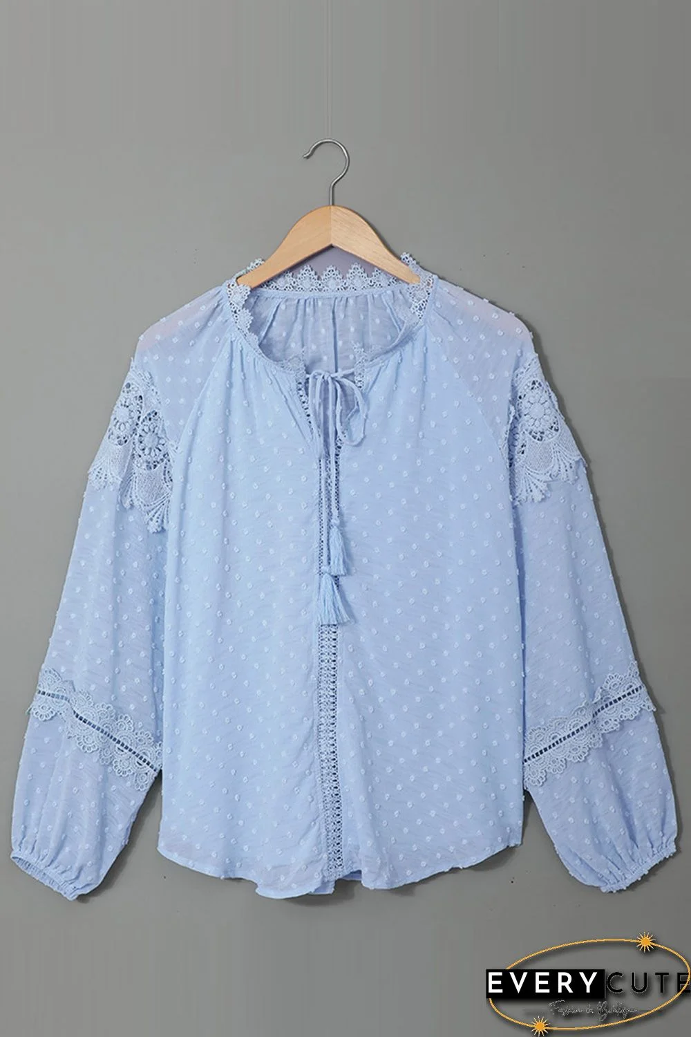 Sky Blue V Neck Lantern Sleeve Lace Hollow Out Top