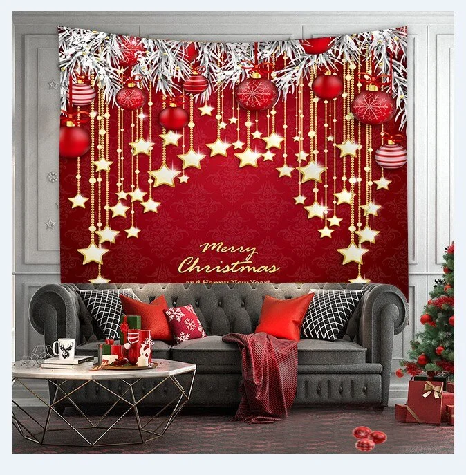Christmas Tree Print Tapestry Wall Hanging Background Cloth Decor Red Santa Claus Polyester Tapestry Home Room Wall Decoration