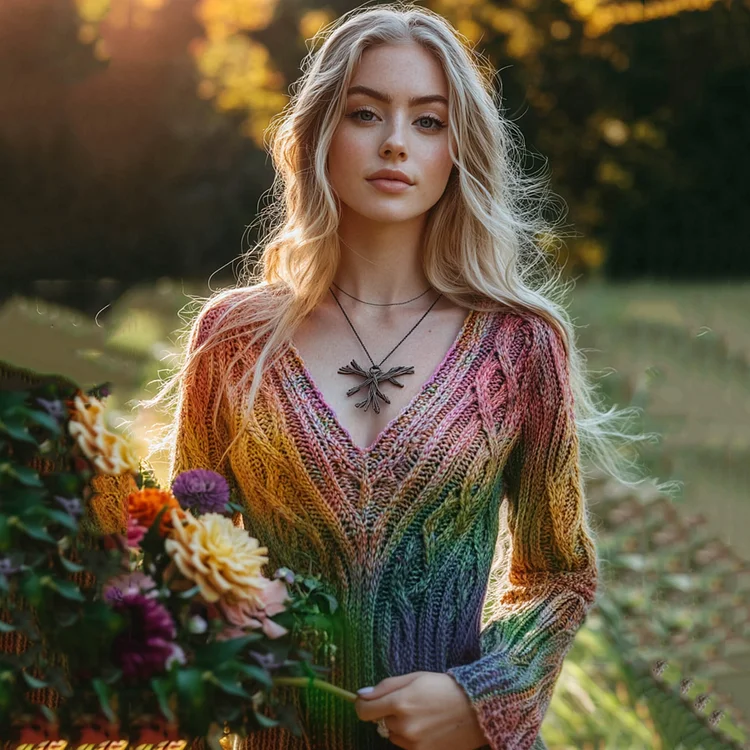 Vintage Irish Rainbow V-neck Knitted Jacquard Aran Sweater