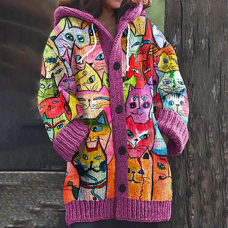 Lovely Cats World Pattern Cozy Cardigan Sweater