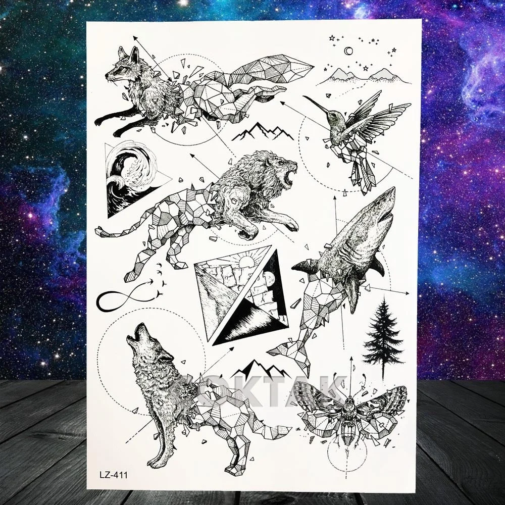 Geometric Skull Temporary Tattoos For Men Women Realistic Fake Wolf Gangster Tattoos Sticker Outer Space Planets Tatoos Washable