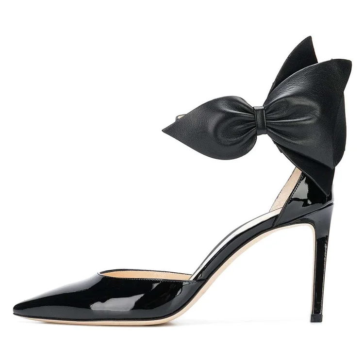 Black Pointy Toe Bow Ankle Strap Heels Pumps |FSJ Shoes
