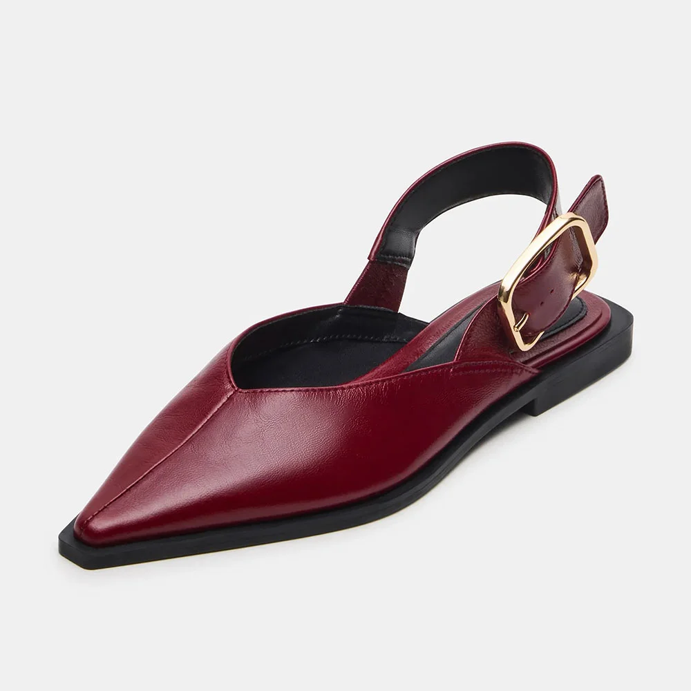 Women's Maroon Pointed Toe Casual Slingback Flats with Buckle