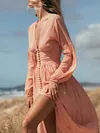 Fashion Split-Front Solid Color Buttoned Pleated Flared Sleeves V-Neck Maxi Dress