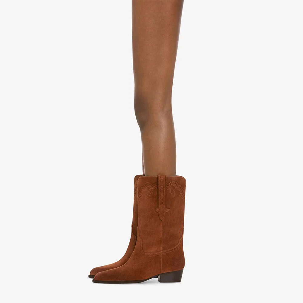 Closed Toe Mid Calf Low Heel Tan Embroidered Western Boots for Women