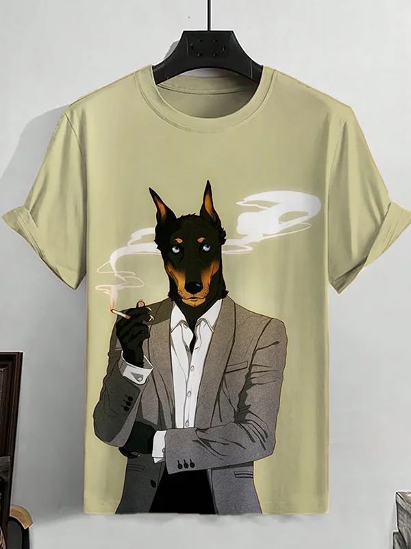 Men's Handsome Suit Dog Smokes Graphic Print Casual T-Shirt