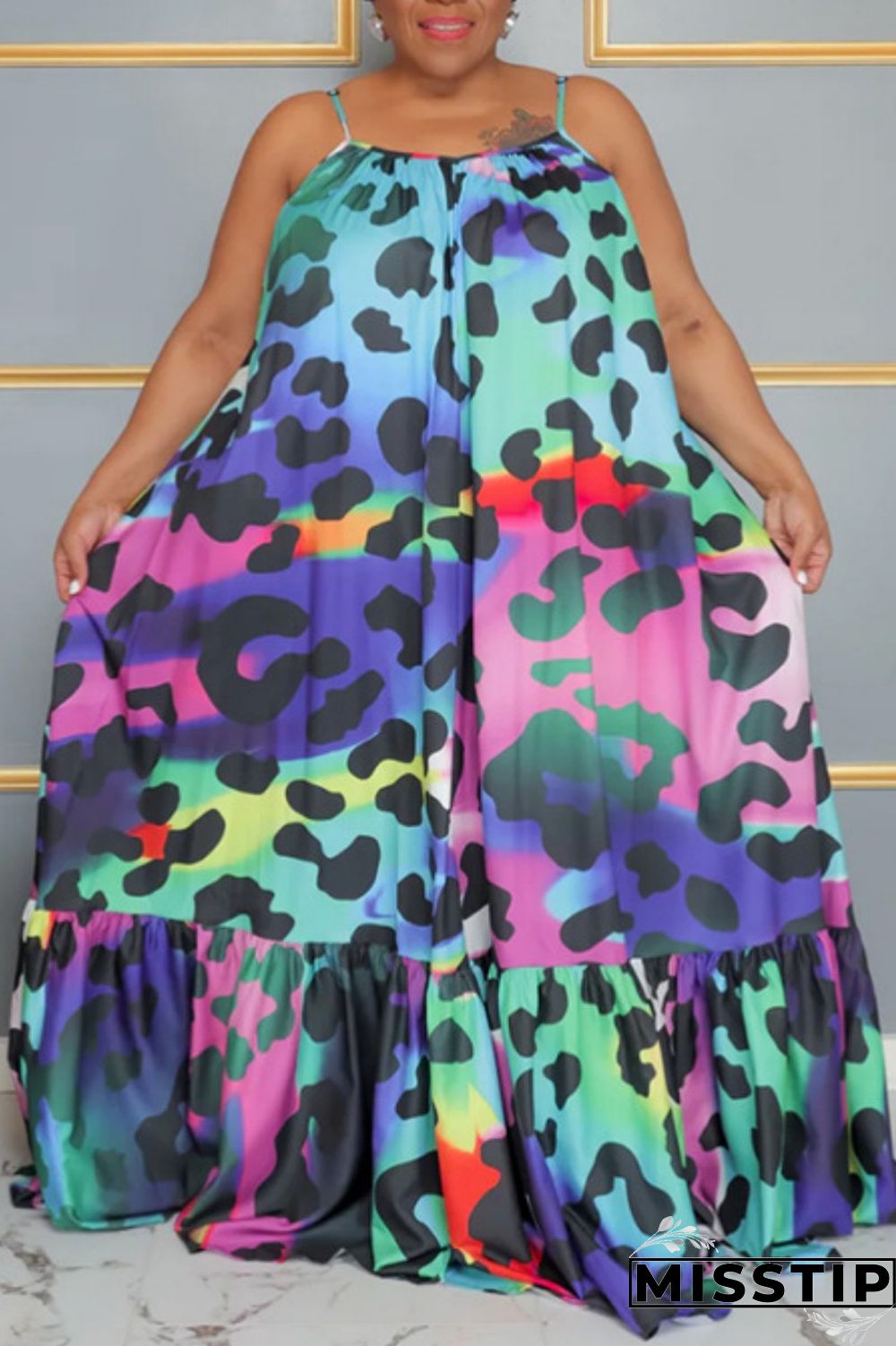 Rose Red Casual Print Backless Spaghetti Strap Long Dress Plus Size Dresses