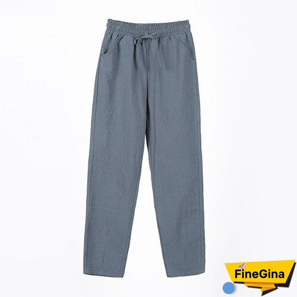 Woman Summer Harem Pants Vintage Candy Colors Cotton Linen Wide Leg Pants Solid Elastic Waist Ankle-length Capris Trousers