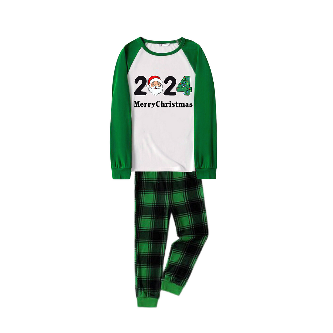 2024 Merry Christmas Text and Santa Claus Print Long Sleeve Top With Green & Black Plaid Christmas Matching Pajamas