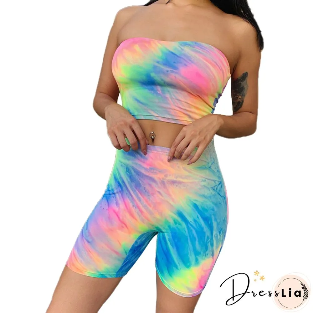 Summer Women Outfits Two Pieces Set Tie-dye Print Tube Top Shorts Casual Off Shoulder
