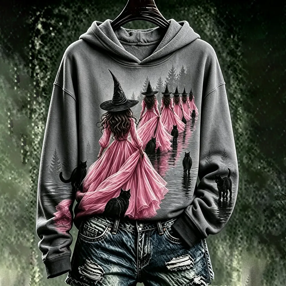 Comstylish Women's Pink Halloween Witch Print Hoodie