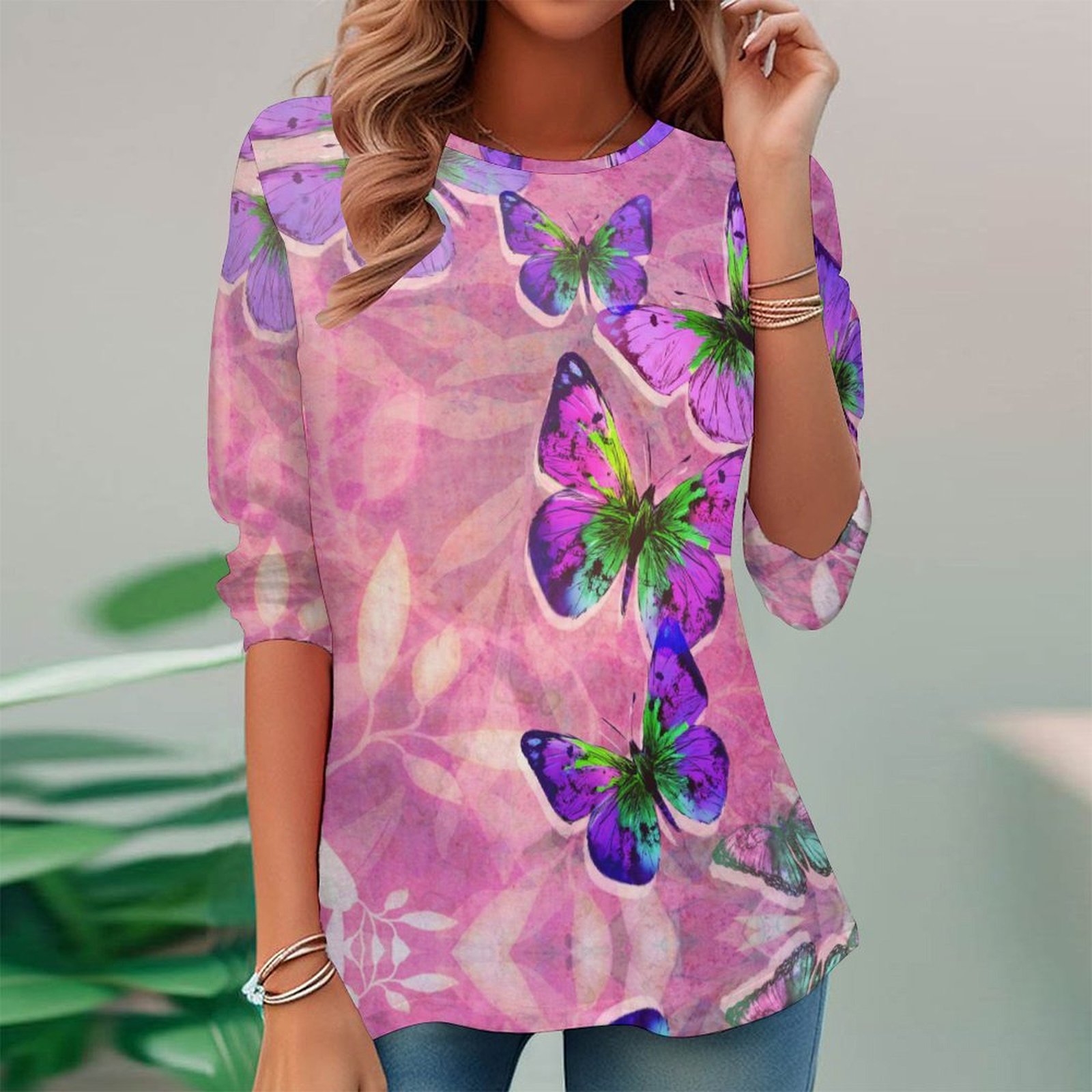 Women Long Sleeve V-neck Graphic Floral Printed Top