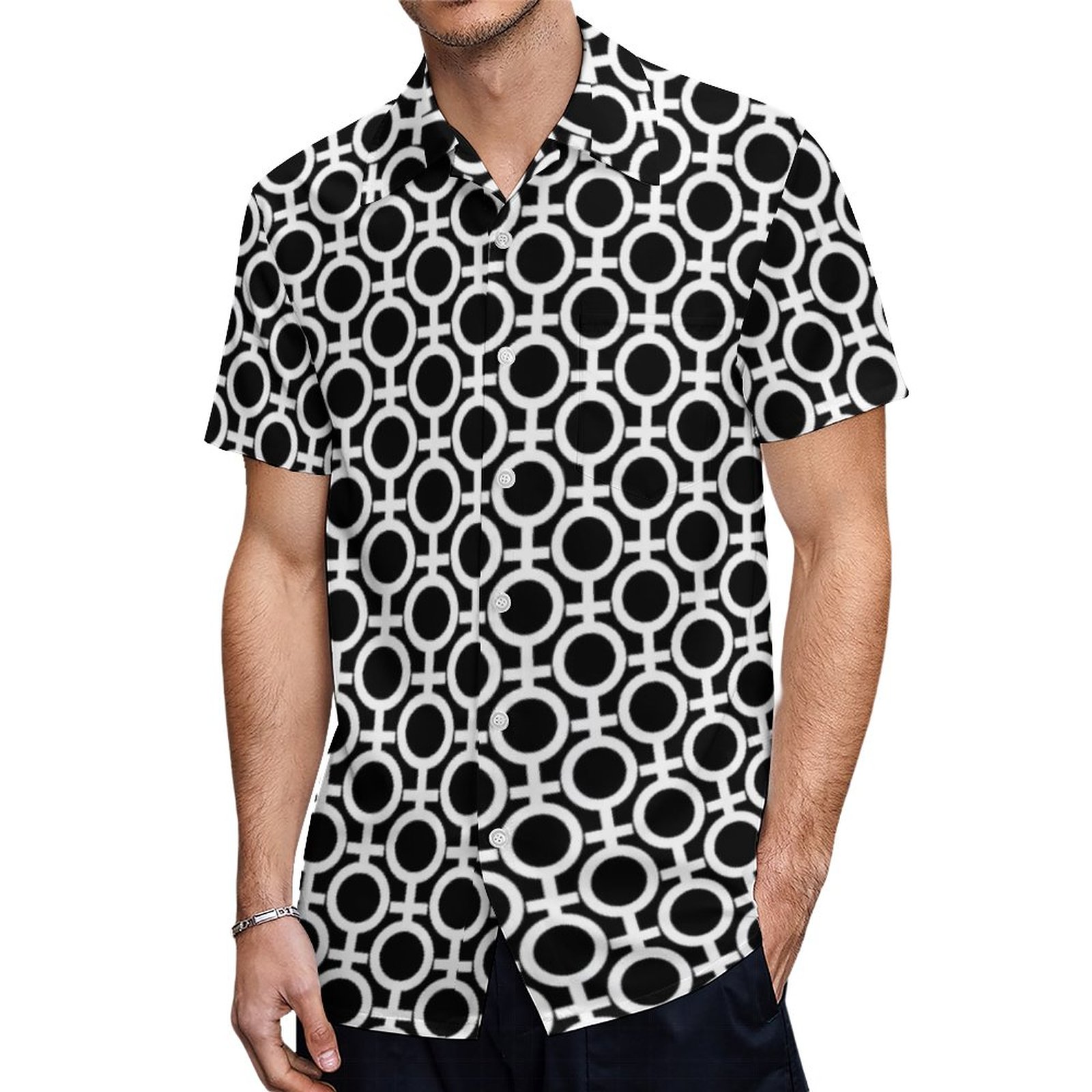 White Female Sign Vector Pattern On Black Hawaiian Shirt Mens Button Down Tropical Hawaii Beach Shirts
