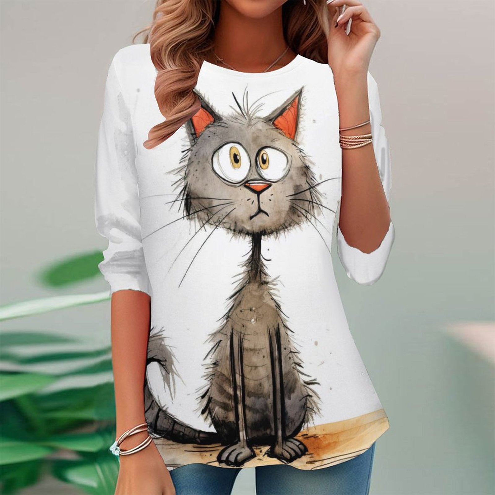 Women Long Sleeve V-neck Graphic Floral Printed Top