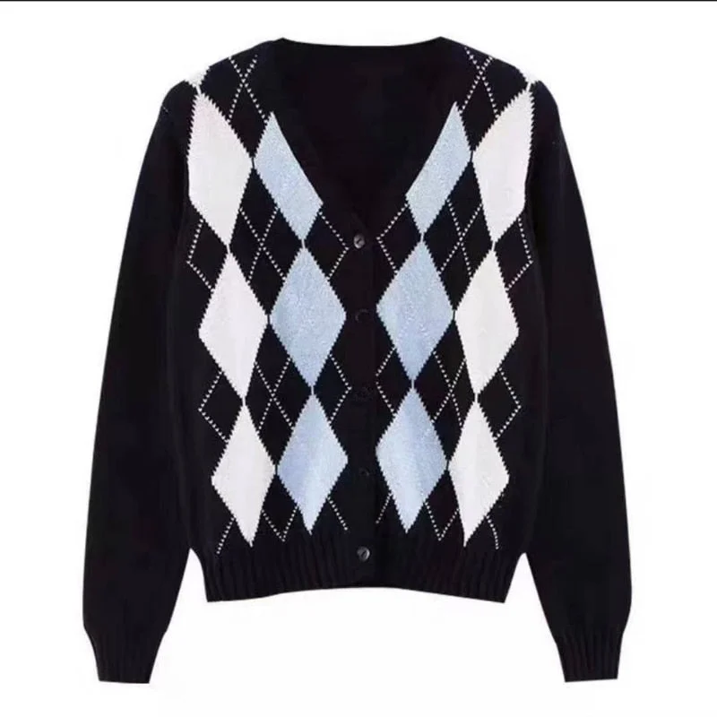 Zoki Black Argyle Women Cardigan Sweater Fashion Button V Neck Long Sleeve Knitted Plaid Sweater Street Wear Female Thin Jacket