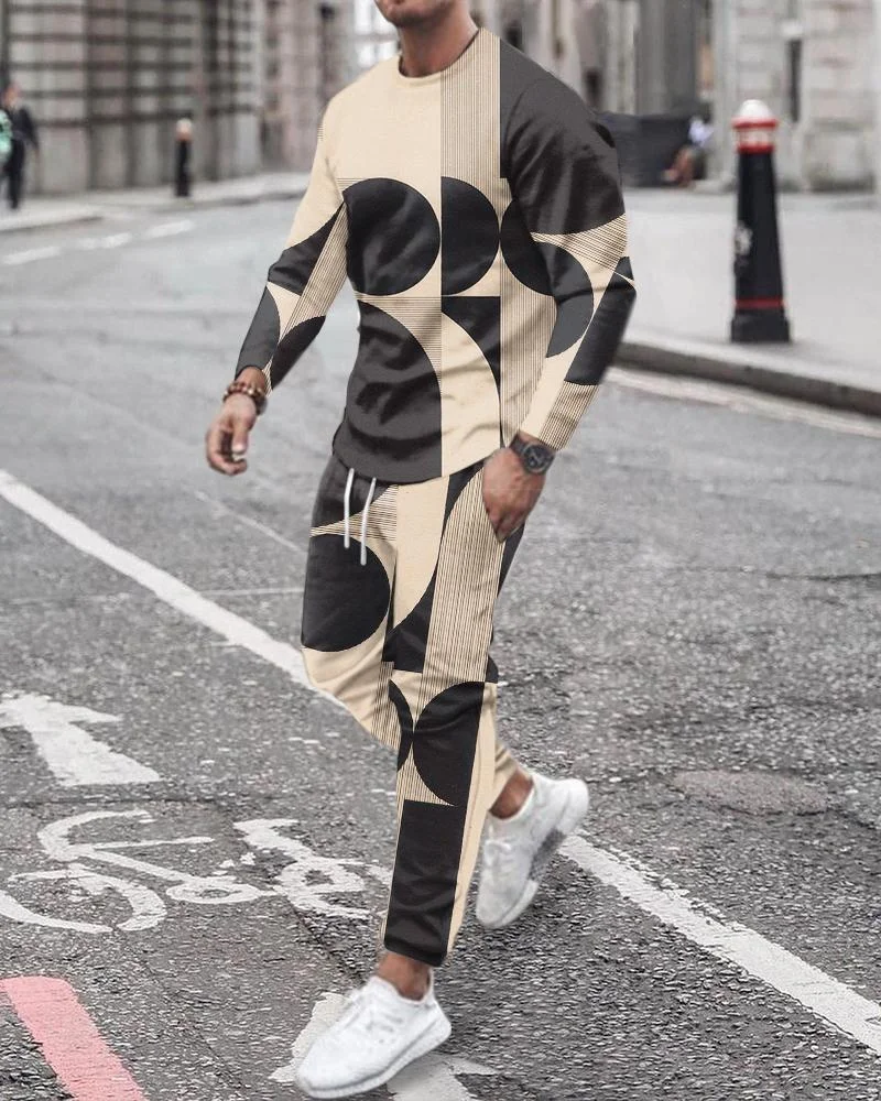 Men's Fashion Khaki Geometric Printing Long-sleeved Suit
