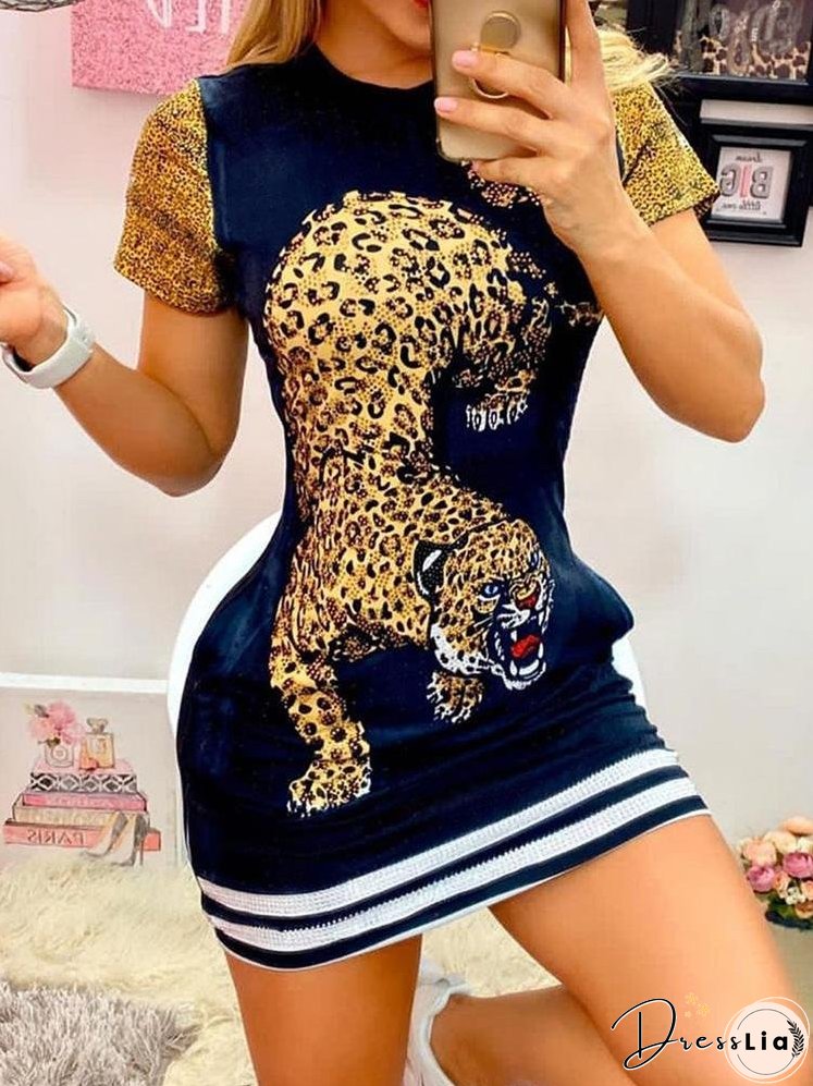 Tiger Print Short Sleeve Casual Dress