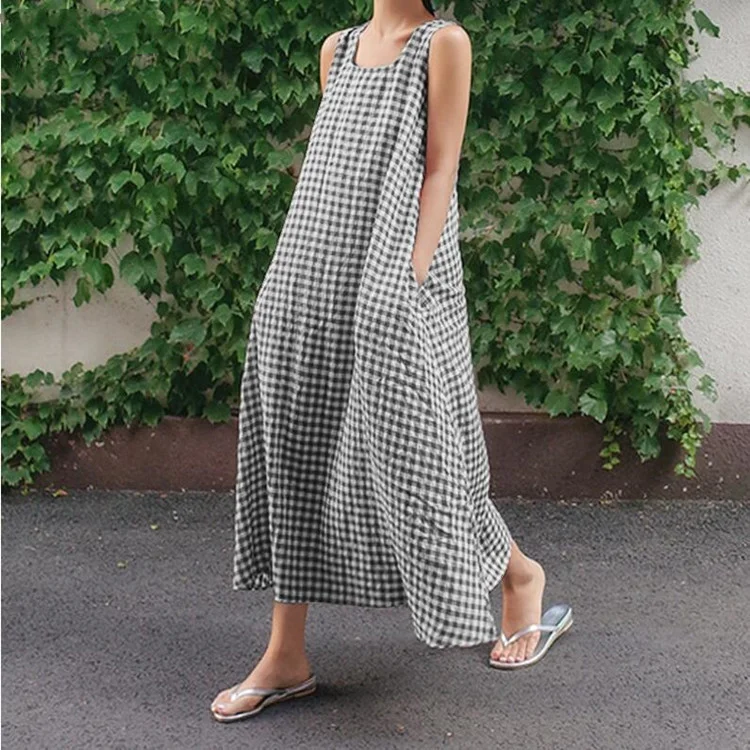 Cotton and Linen Check Loose Casual Dress