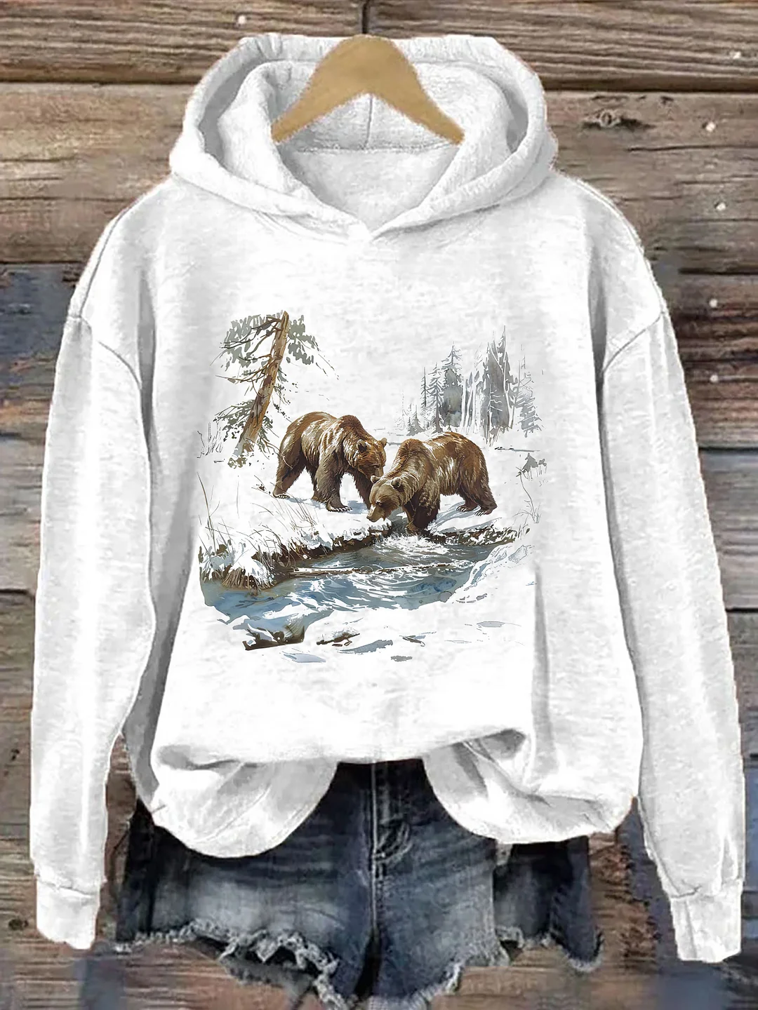 Retro Grizzly Bears Wilderness Scene Hoodie