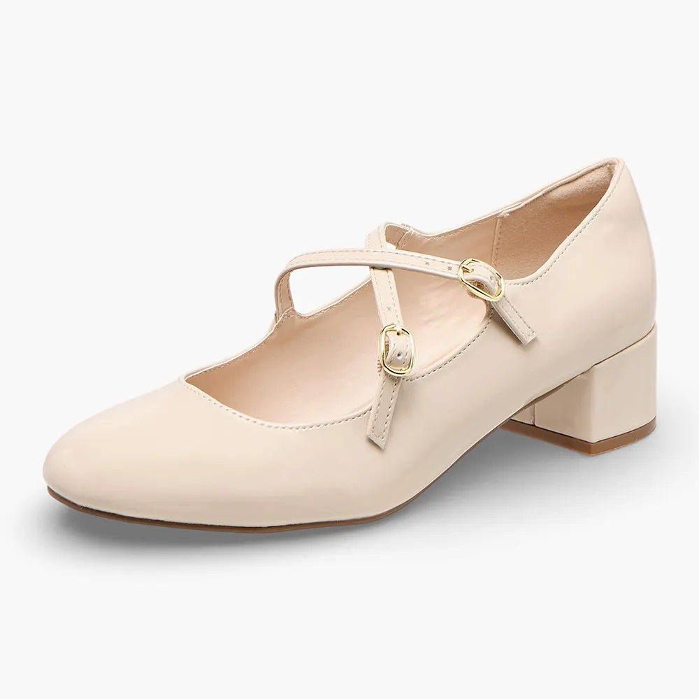 Beige Round Toe Cross Buckle Strap Patent Leather Mary Jane Heels Nicepairs