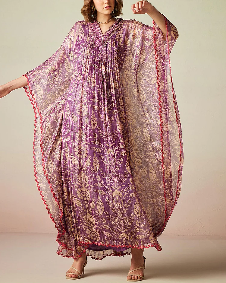 Purple Viscose Lurex Georgette Floral Print Butterfly Sleeve Kaftan