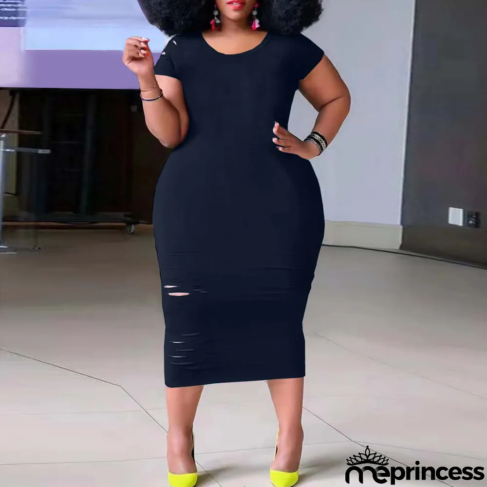 Women'S Casual Plus Size Round Neck Short Sleeve Black Dress