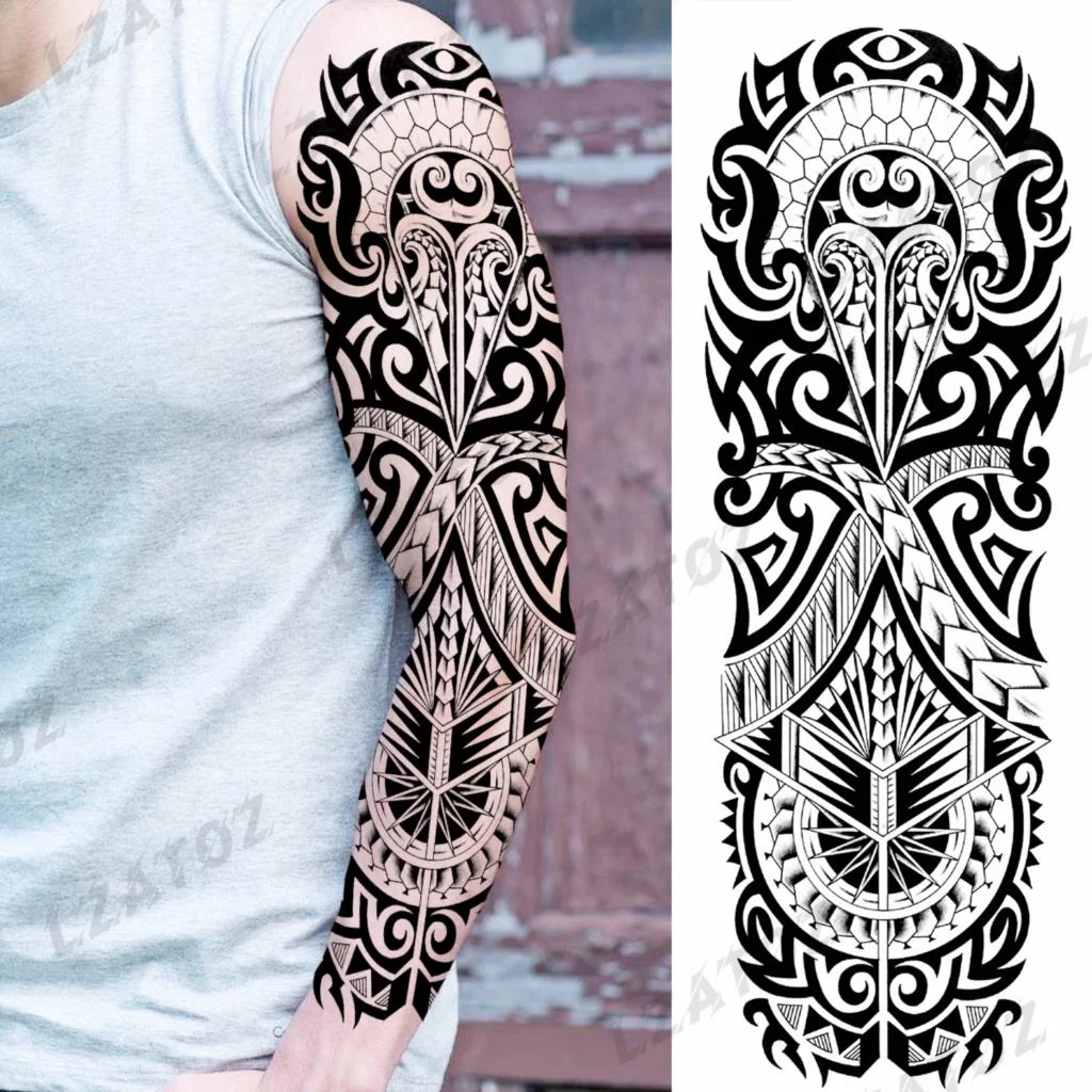 Sdrawing Sleeve Temporary Tattoos For Men Women Realistic Pirate Ship Wolf Tiger Skull Rose Flower Fake Tattoo Sticker Arm Tatoos