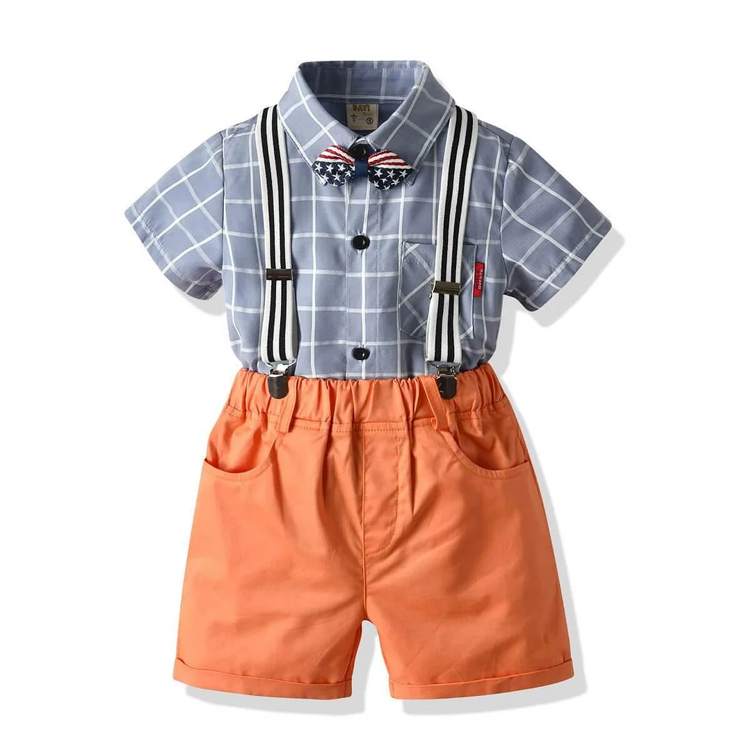 Buzzdaisy Baby Boys Light Blue Shirt With Bowtie Suspender Shorts 4-Set Suits