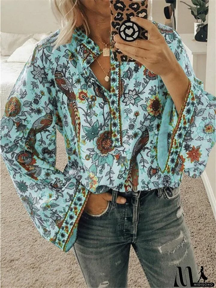 Loose Fit Front Button Up Floral Printed Long Sleeve Blouse